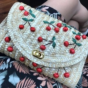 Cherry print straw bag